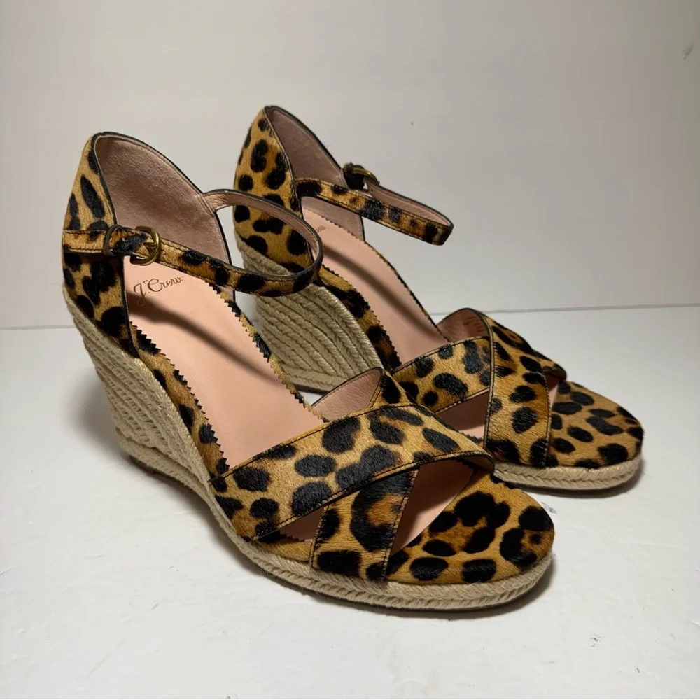 New J. CREW Leopard Print Calf Hair Tan Black Wedge Espadrille Sandals Size 9.5